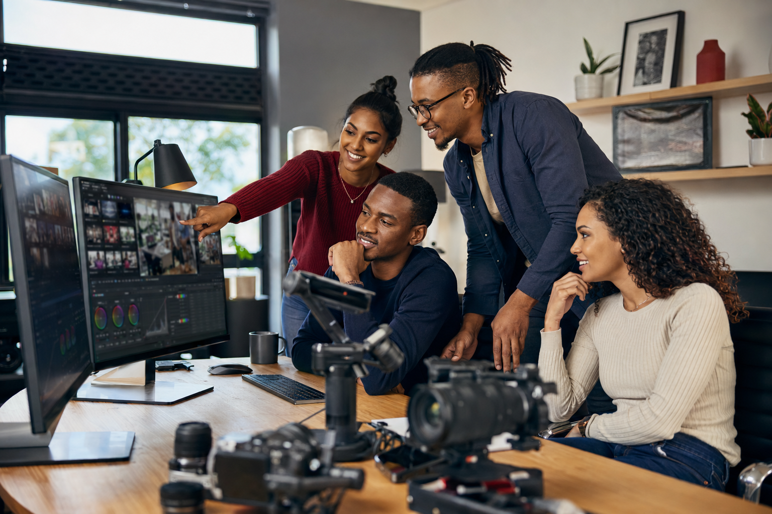 A creative team reviewing campaign footage in a modern studio